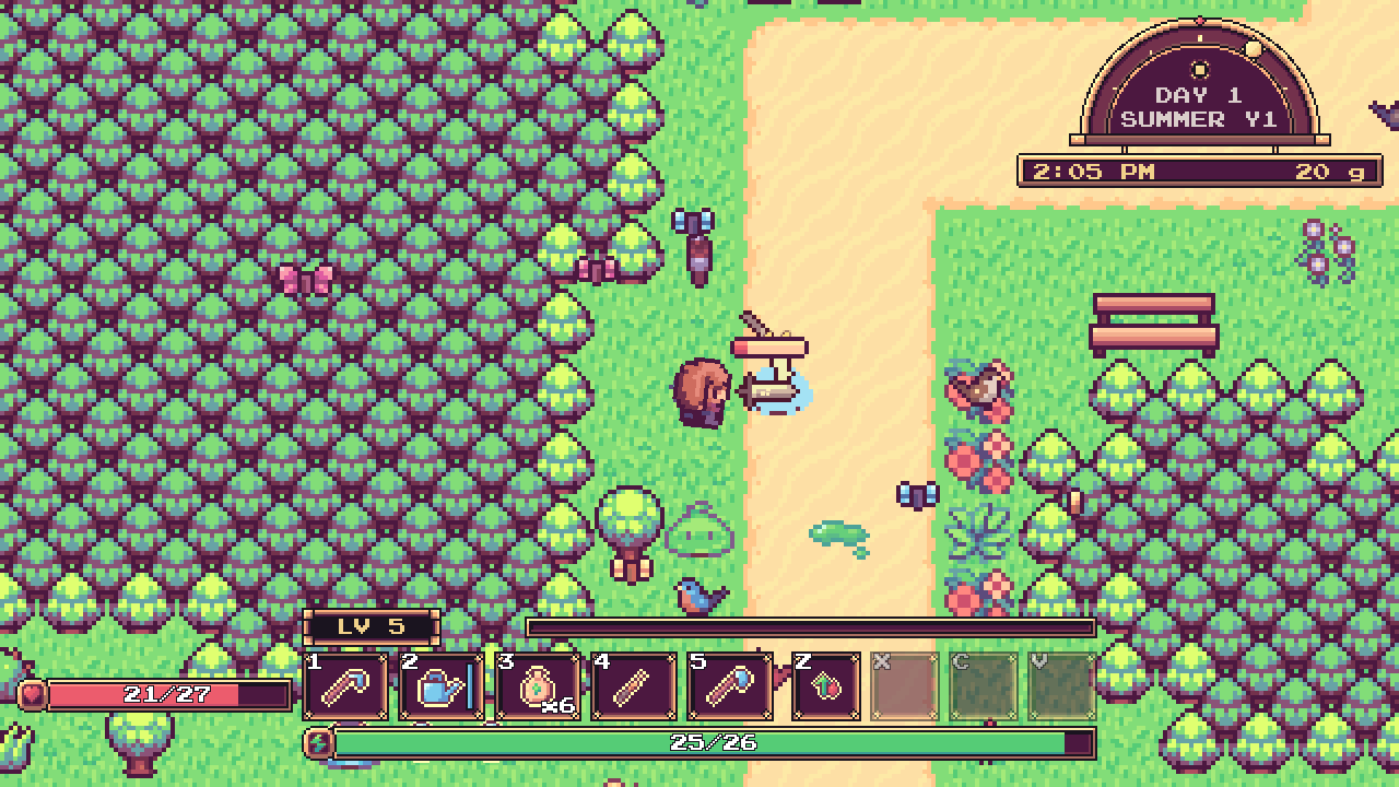 Gameplay: the Warrior fighting on a forest road, with the hotbar, spell bar, health, mana and stamina bars on screen