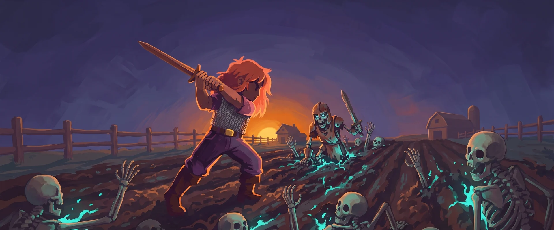 Key art: a farm kid swings a sword at skeletons climbing out of a plowed field at sunset